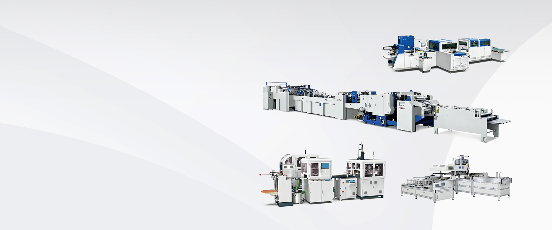Packaging production machinery arranged on a light background
